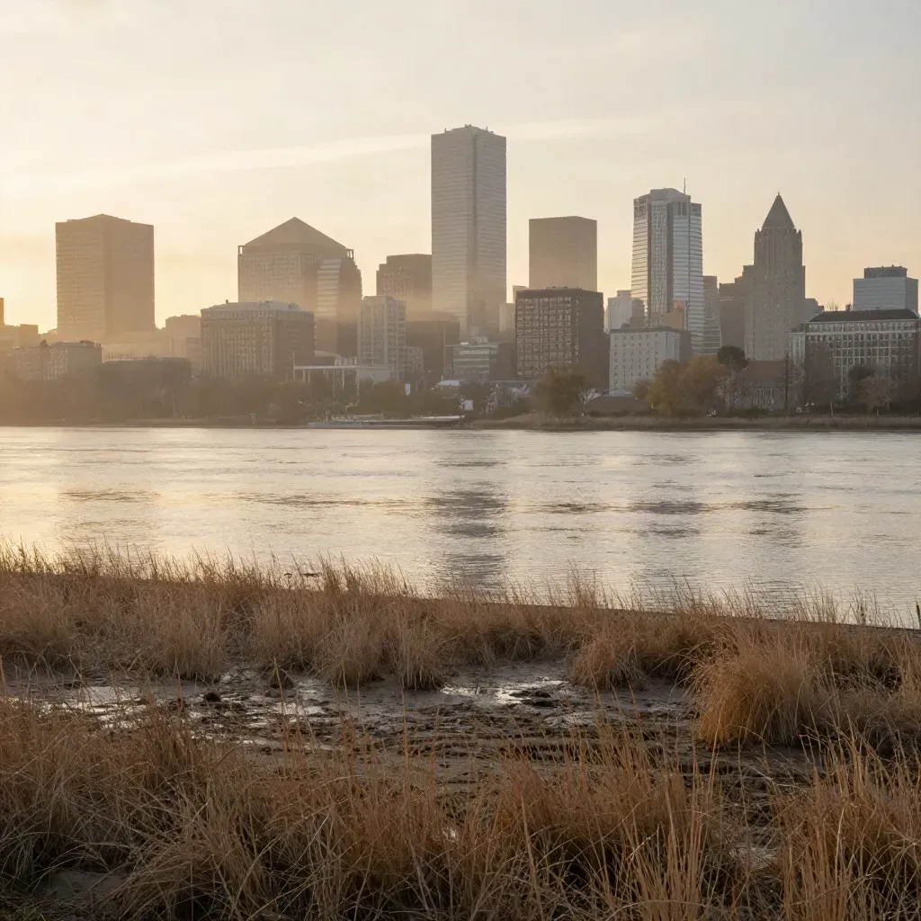 Boston skyline over the Charles River at sunrise with misty marsh shoreline