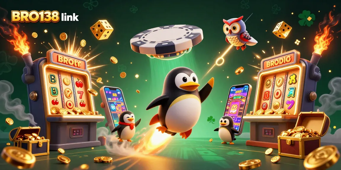 Engage with BRO138 link for vibrant casino thrills, featuring golden penguin and jackpot explosions in this dynamic scene.