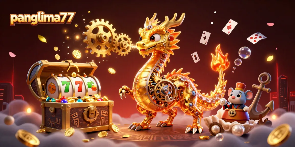 Panglima77 showcases a dynamic illustration of a golden dragon and mouse engineer amidst slot machine symbols and treasure.