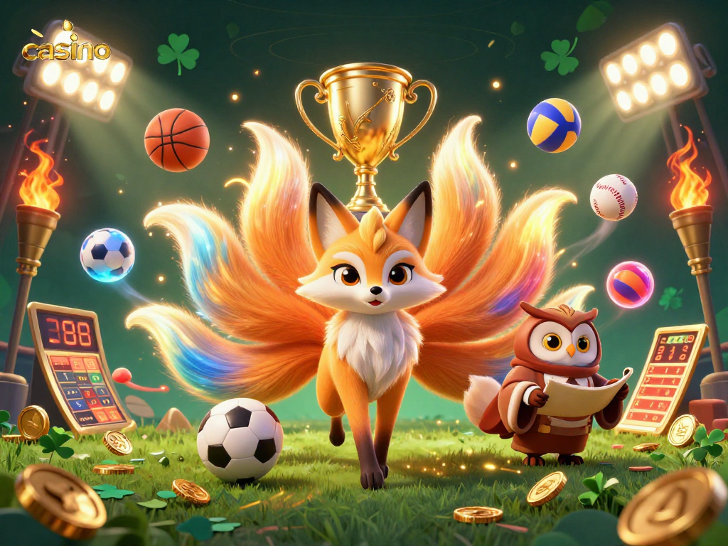 Engaging casino scene featuring a nine-tailed fox, wise owl, and sports elements reflecting vibrant animation.