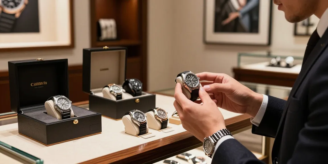 Showcase of super clone watches in an elegant boutique, capturing luxury and craftsmanship.