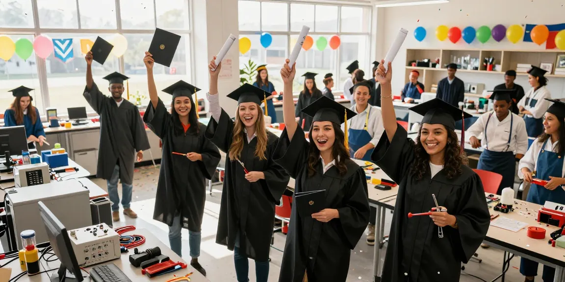 University and trade schools graduates celebrating success with diplomas in hands amid a vibrant classroom setting.