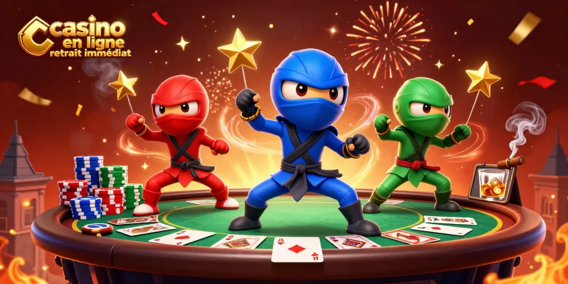 Retraits immédiats des casinos en ligne : Trois caméléons ninjas s'affrontent sur une table de poker.