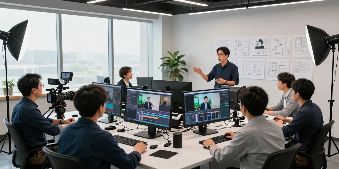 Best corporate video production company Singapore team brainstorming in modern studio setting.