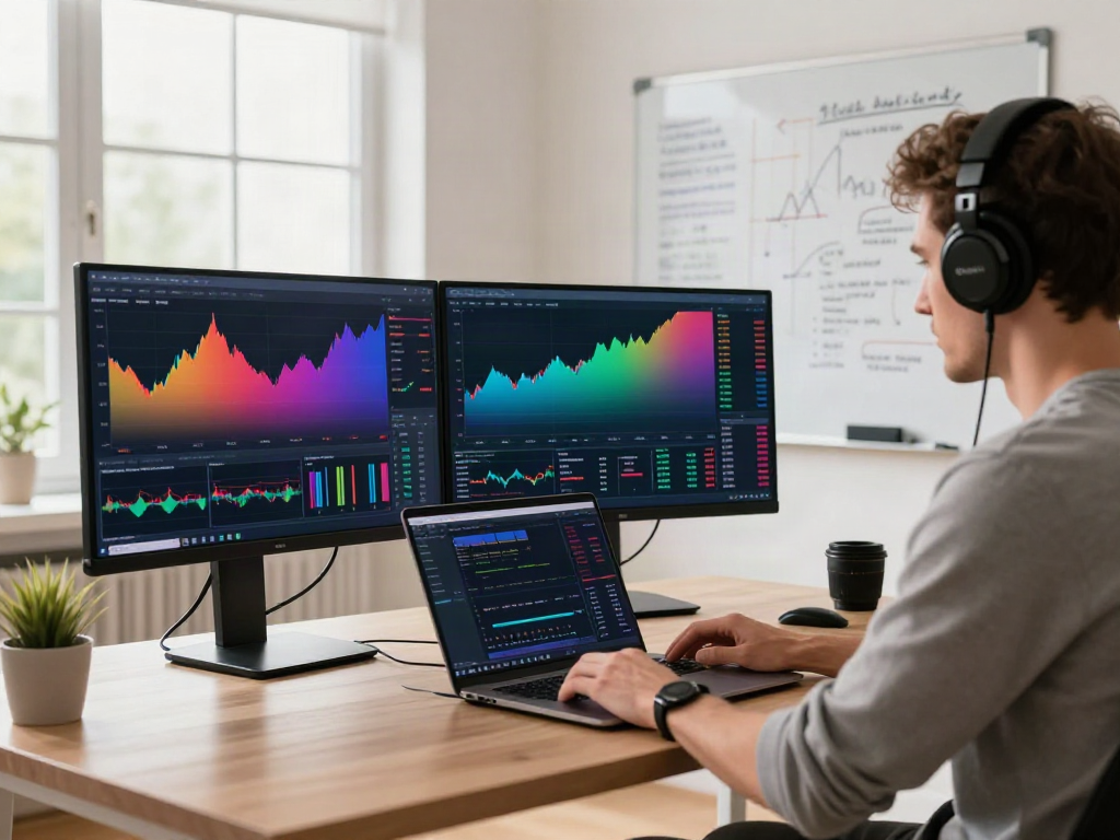 Trader analyzing real-time data on tradingview官网 in a modern home office.