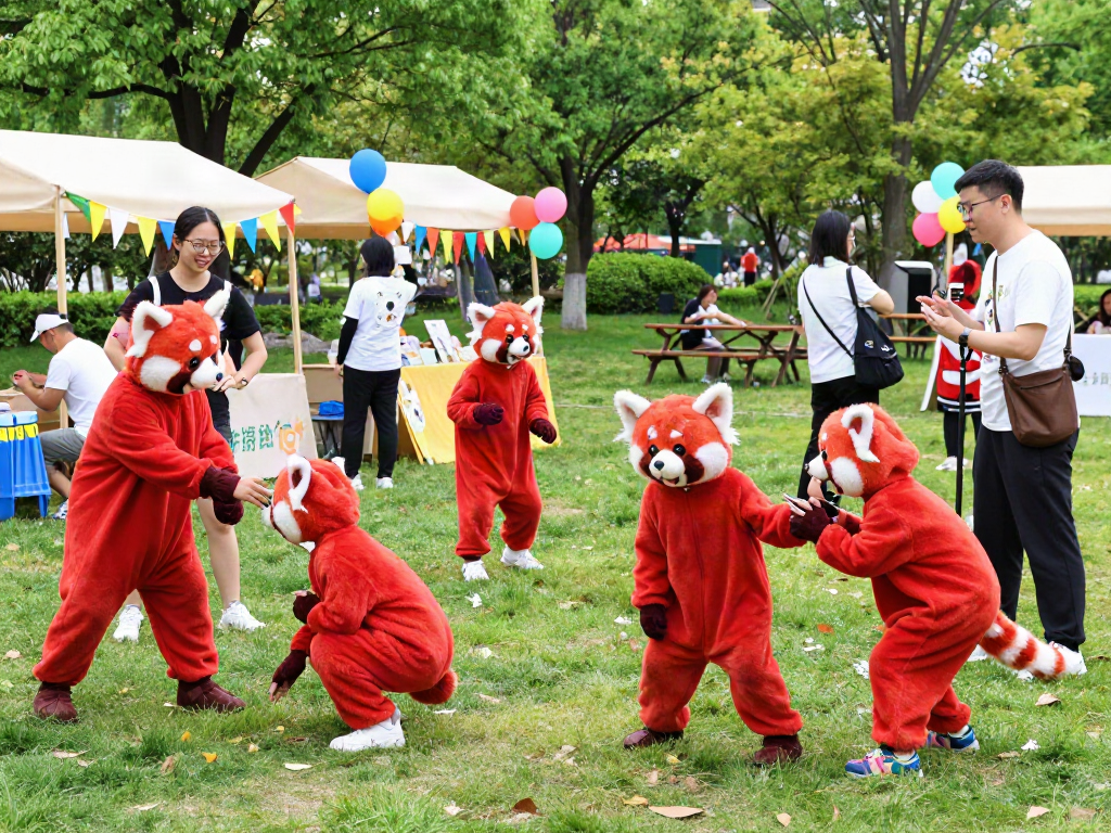 Enjoying a vibrant red panda costume at a festival with children playing and vibrant decorations.