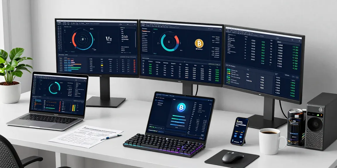 Bitcoin mining service dashboard in a modern crypto workspace with performance metrics and hardware details that highlight innovative technology.