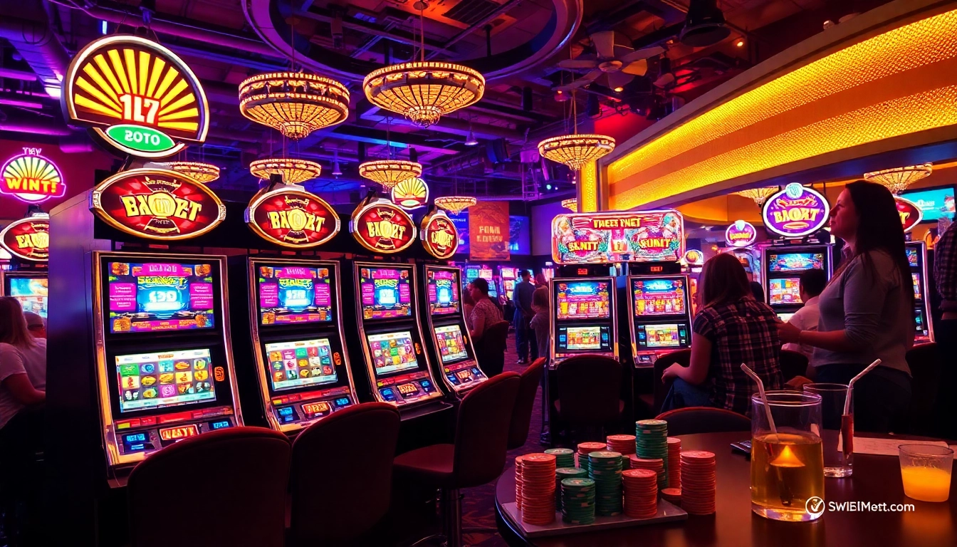 Slot77 menampilkan suasana kasino yang meriah dengan mesin slot bersinar.