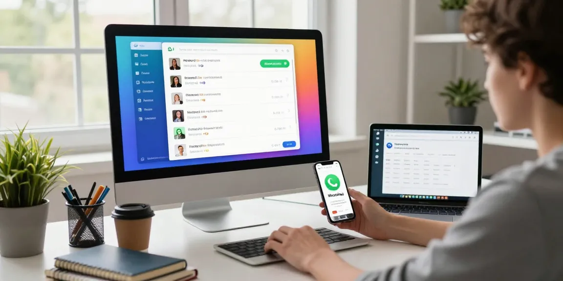 Engaging user utilizing WhatsApp網頁版 on desktop in a bright modern workspace.
