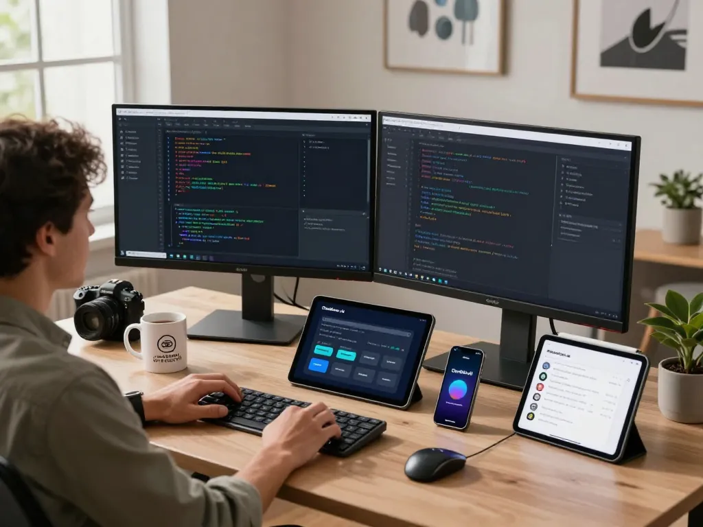 Developer utilizing Clawdbot AI in an innovative personal workspace with dual monitors displaying code and workflows.