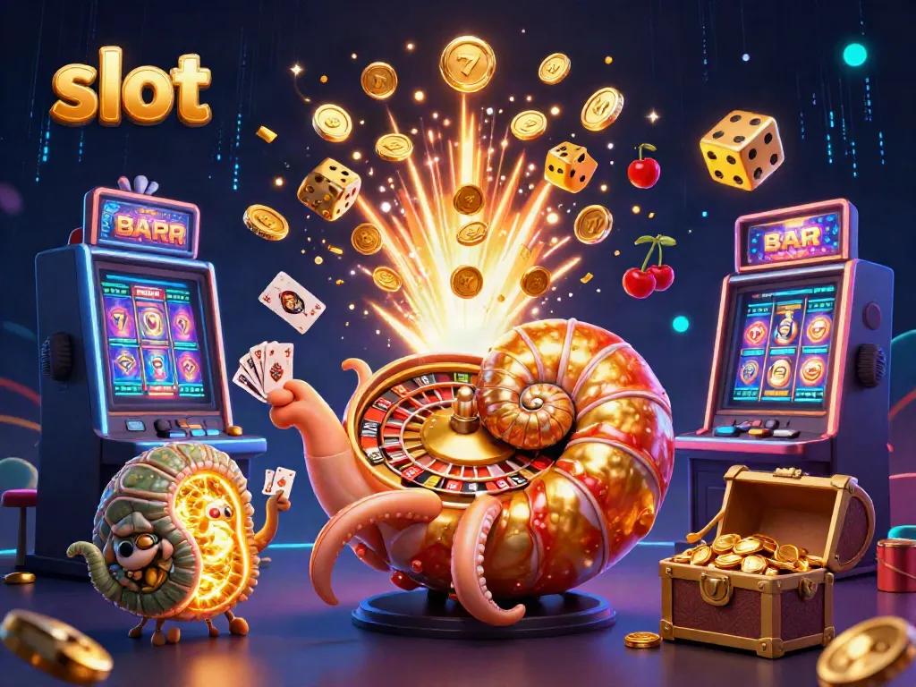 Nikmati pengalaman bermain slot dengan ilustrasi mendebarkan dari mesin slot dan karakter nautilus berwarna keemasan.