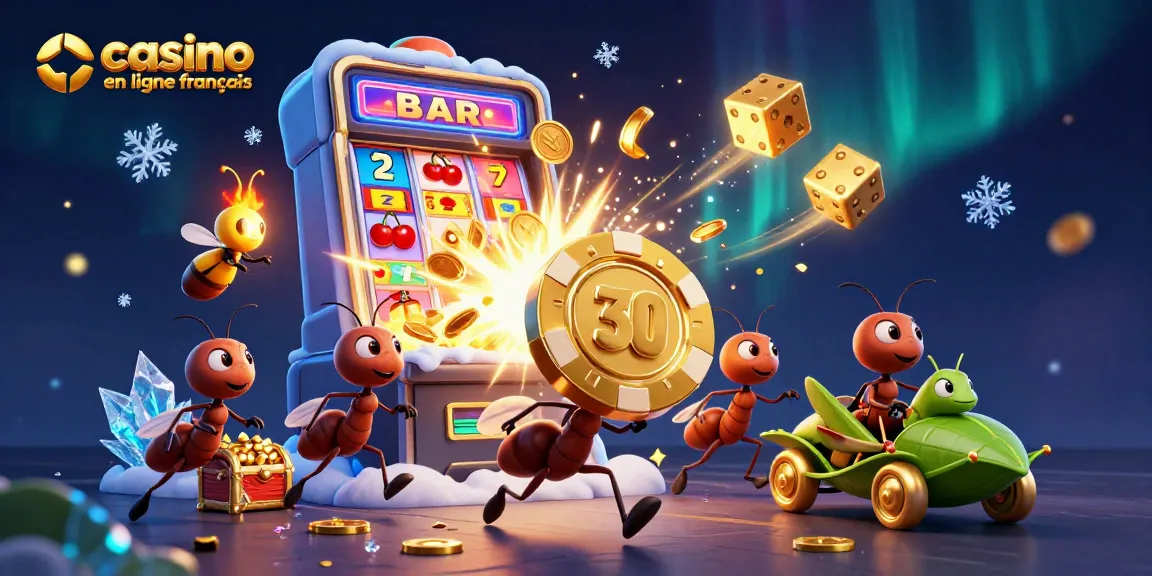 Illustration colorée de casino en ligne français avec des fourmis transportant des jetons d'argent en pleine action