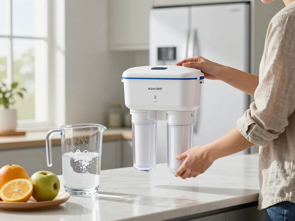 AQUA CREST 4396508 Replacement for Everydrop® Filter 5 being installed in a modern kitchen setting.