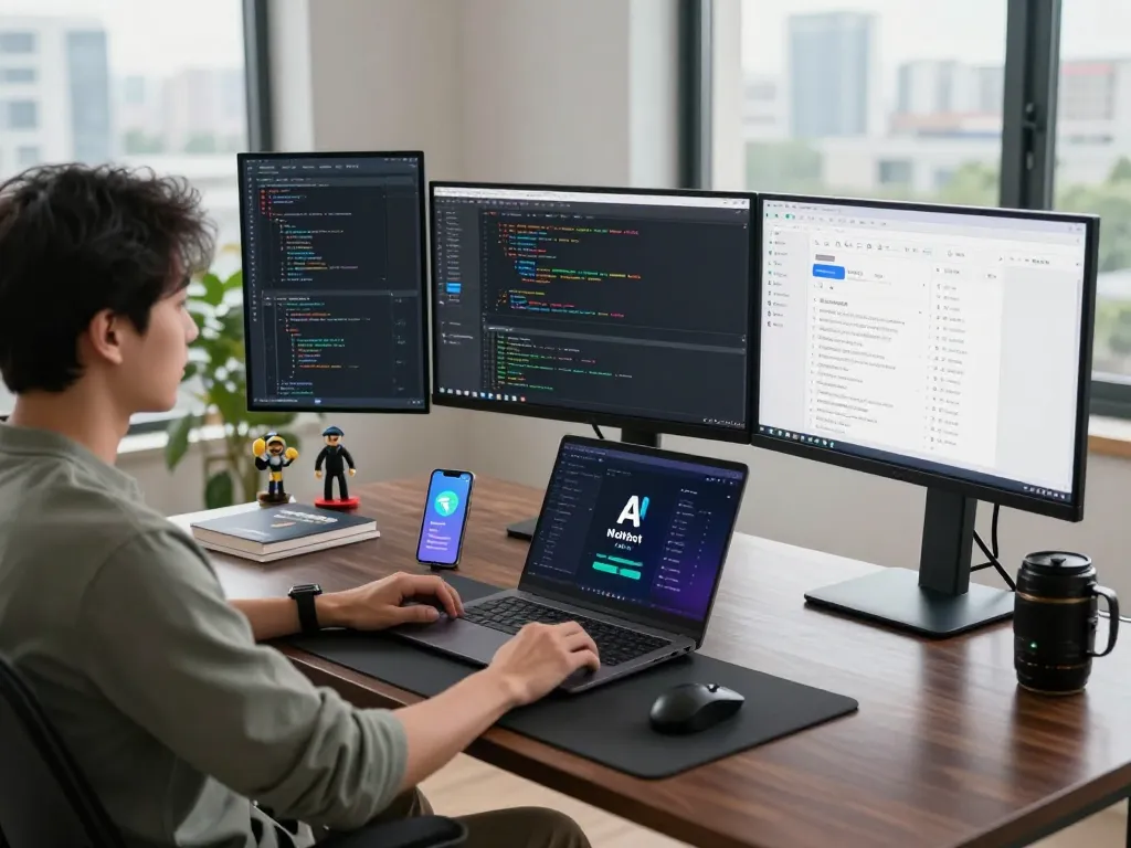 Developer utilizing moltbot ai in a modern tech workspace with multiple monitors and sleek devices, showcasing productivity and innovation.