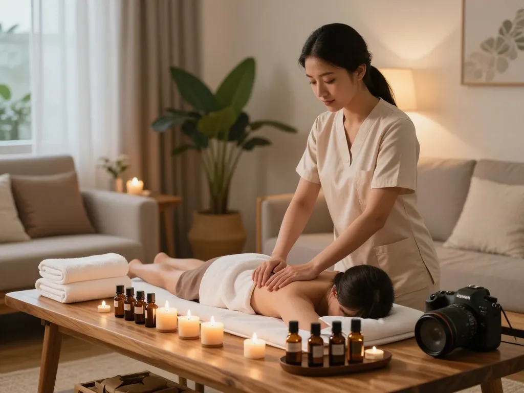 출장 massage therapy setup in a serene home spa environment, showcasing relaxation and wellness.