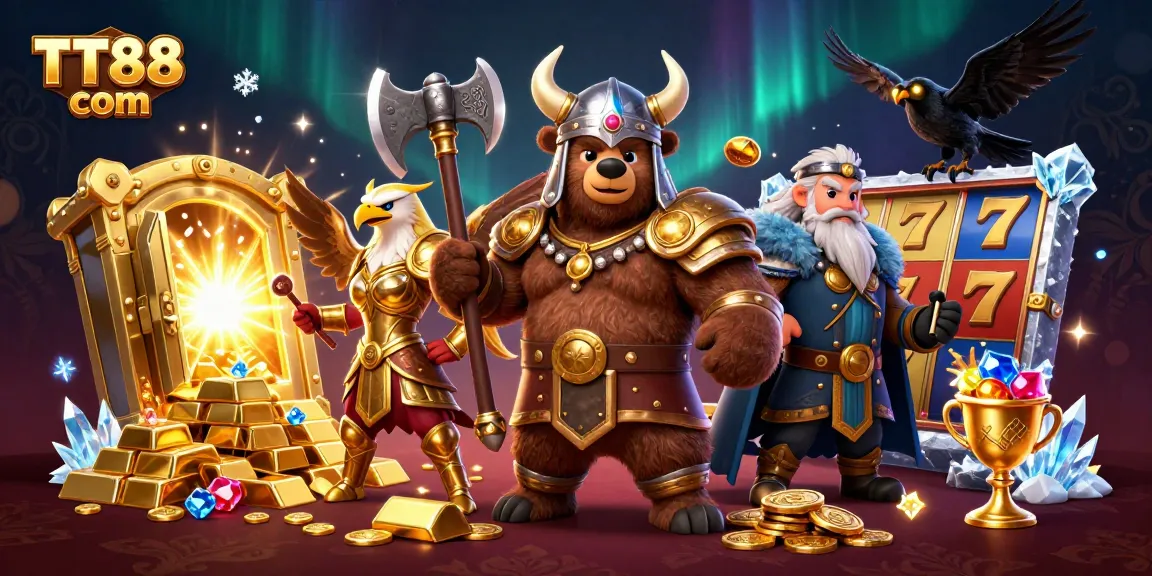 Experience TT88 com’s exciting slots environment with vibrant gold and dynamic characters.