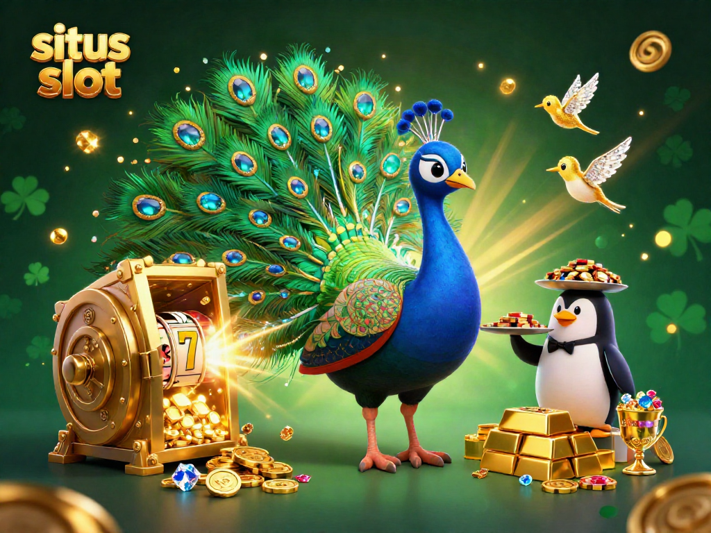 Menangkan jackpot di situs slot dengan ilustrasi burung merak, penguin pelayan, dan kolibri berbatu permata.