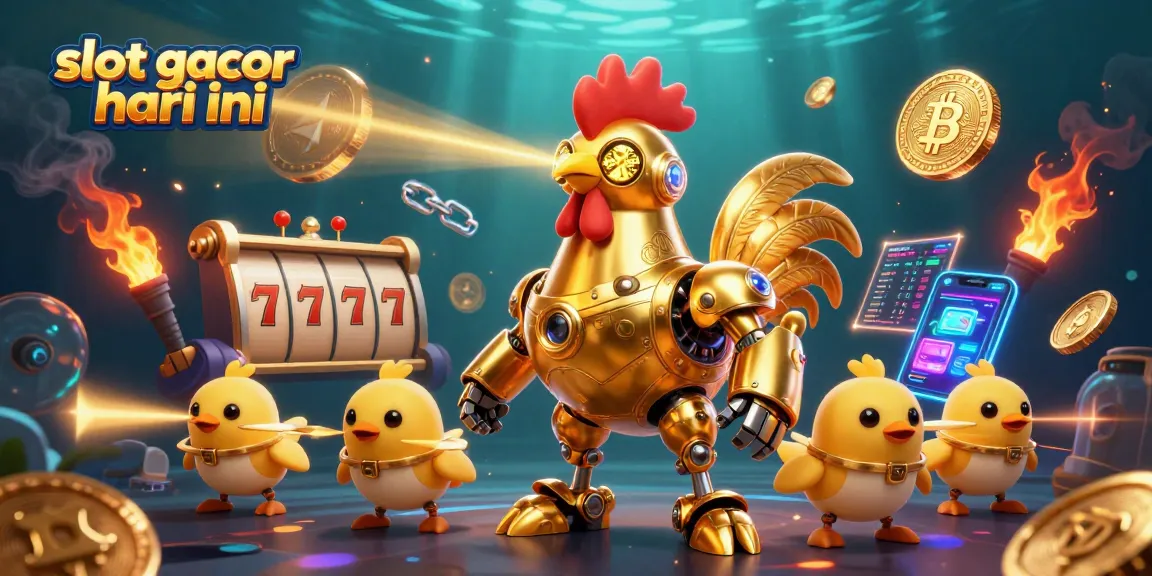 Engage with the excitement of slot gacor hari ini through vibrant 3D illustration of golden rooster robot and colorful gaming elements.