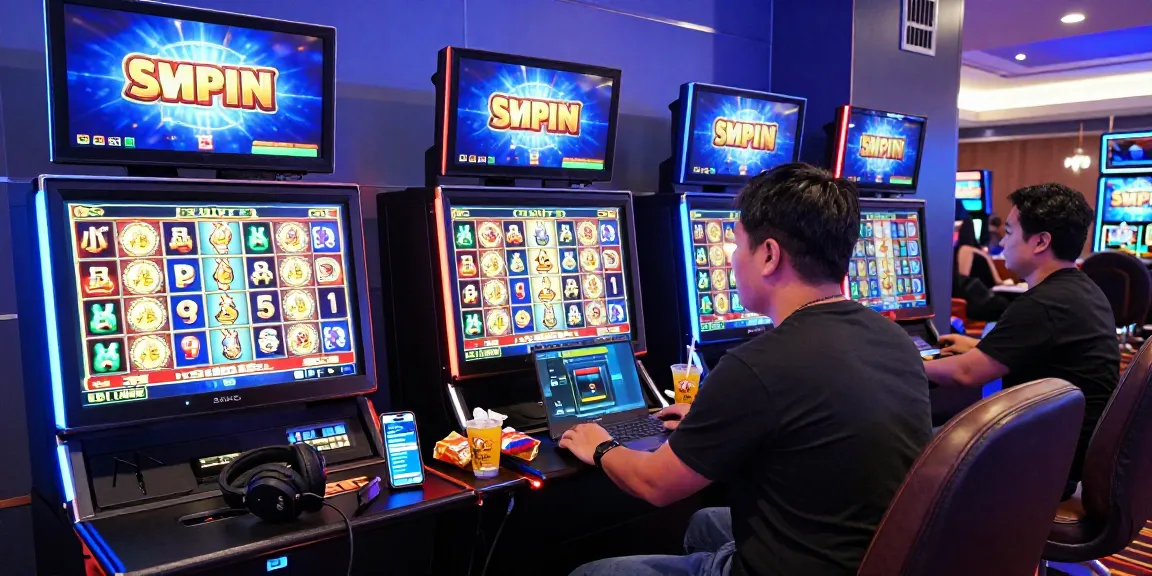 Exciting gaming atmosphere of situs depo 5rb with a player at a computer station enjoying vibrant slot games.