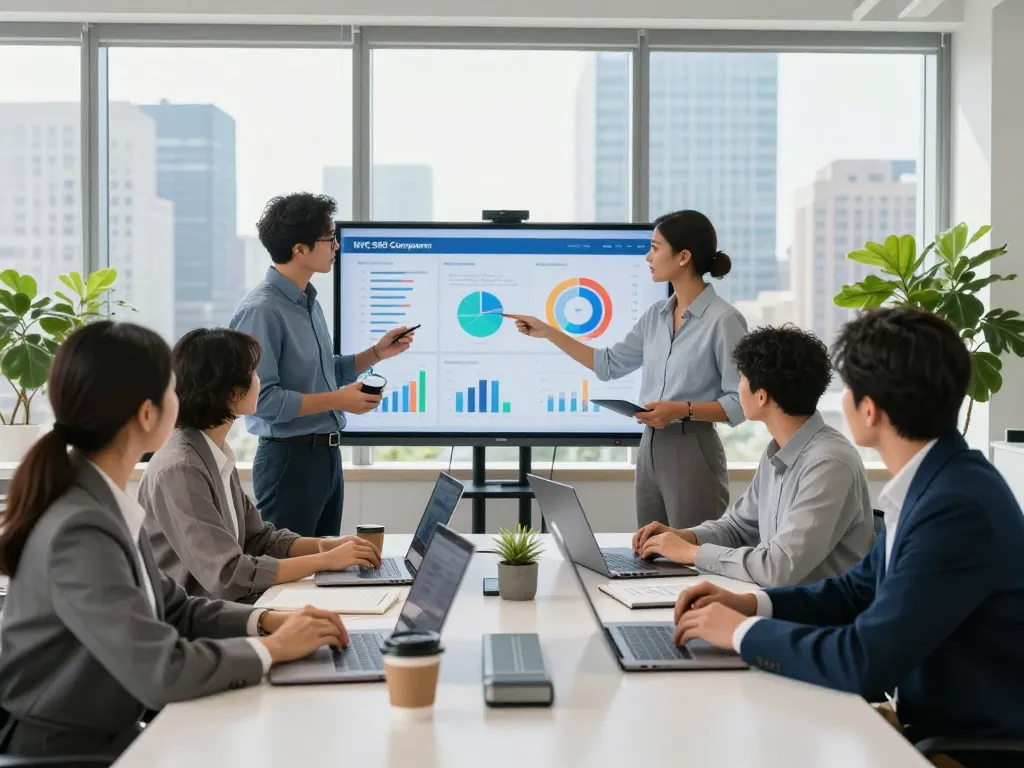 Team collaborating in a modern office setting discussing strategies for an NYC SEO Company, showcasing data and analytics.