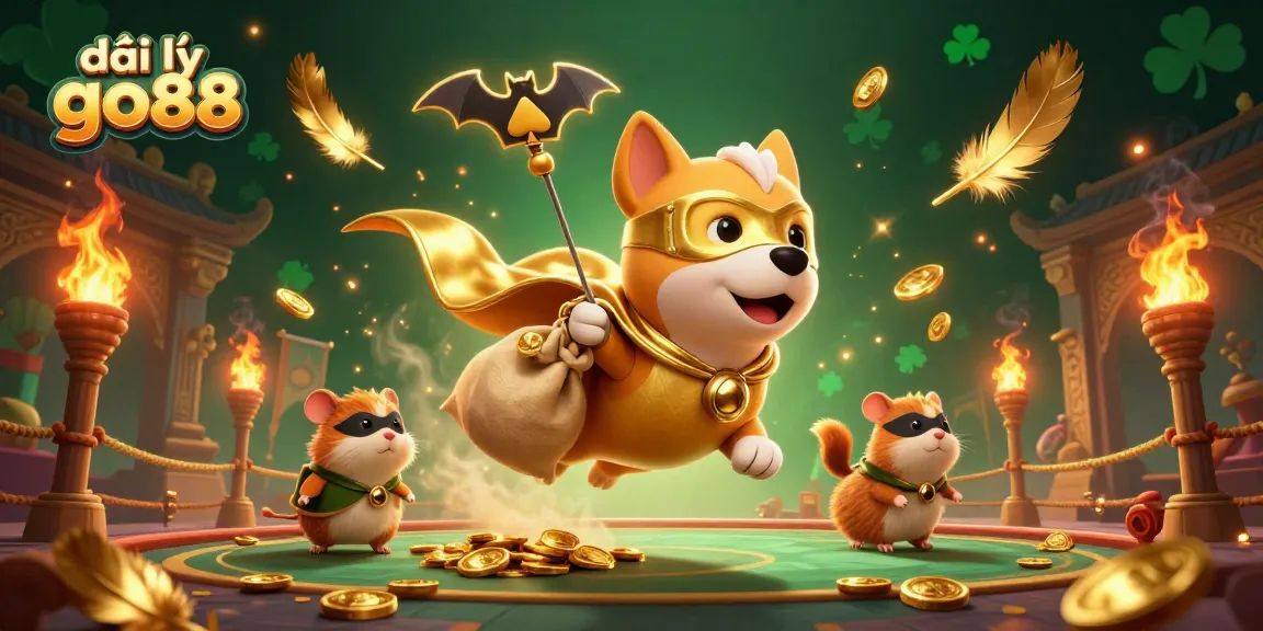 Engage with exciting action at đại lý go88 featuring a cartoon superhero dog and hamster amidst a vibrant casino scene.