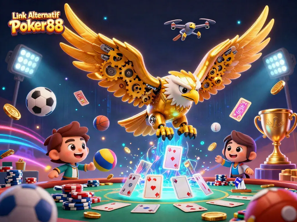 Engage with exciting Link Alternatif Poker88 in a vibrant 3D illustration showcasing poker elements and dynamic action.