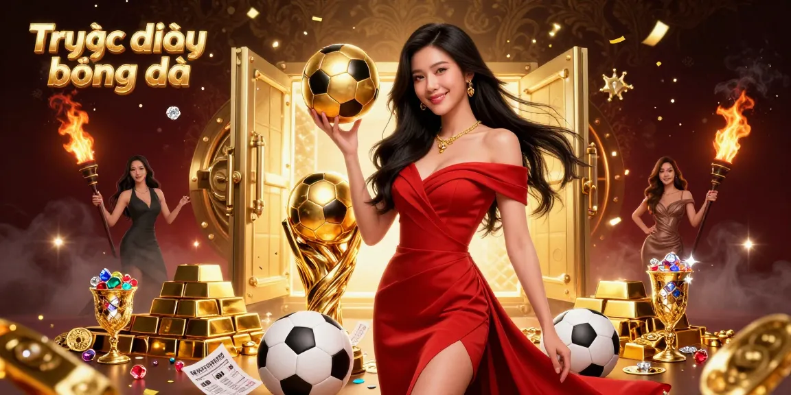 Watch Trực tiếp bóng đá with stunning visuals of a confident Asian woman holding a golden football beside a trophy.