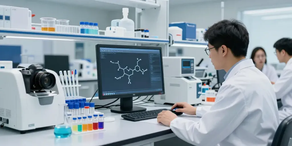 Researcher analyzing swiss chems retatrutide peptides in a modern lab.