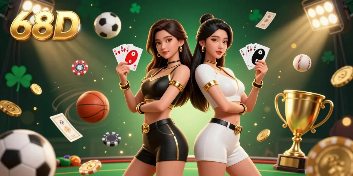 Participate in thrilling games at 68D with exciting visuals of twin players engaging with cards and sports props.