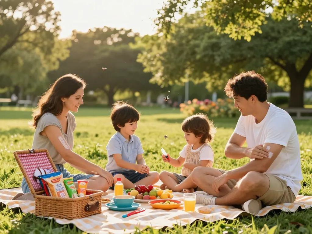 The best mosquito repellent in use during a joyful family picnic in a sunny park setting.