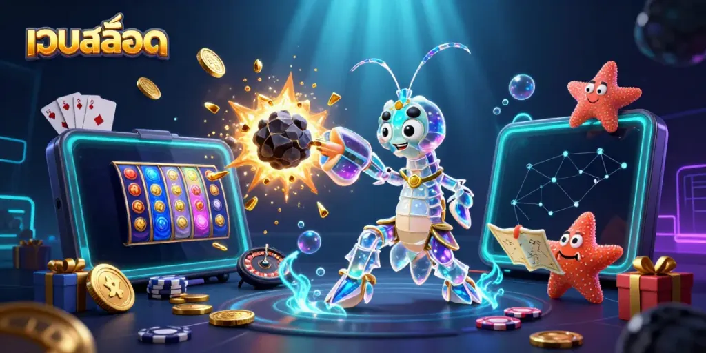 Engage with เว็บสล็อต through an ultra-detailed 3D illustration of a heroic mantis shrimp defeating asteroids filled with gems.