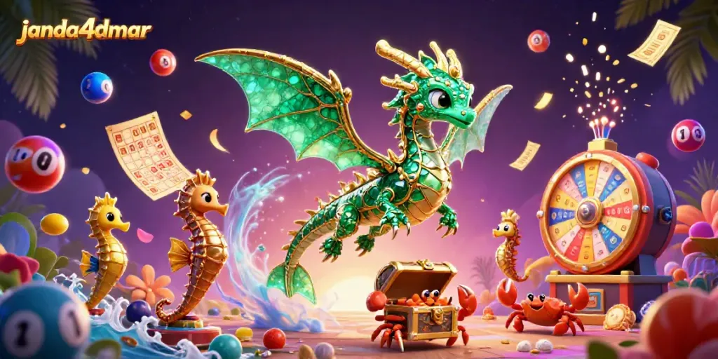Menangkan jackpot dengan janda4dmar; ilustrasi 3D dari naga laut dan elemen perjudian yang menarik.