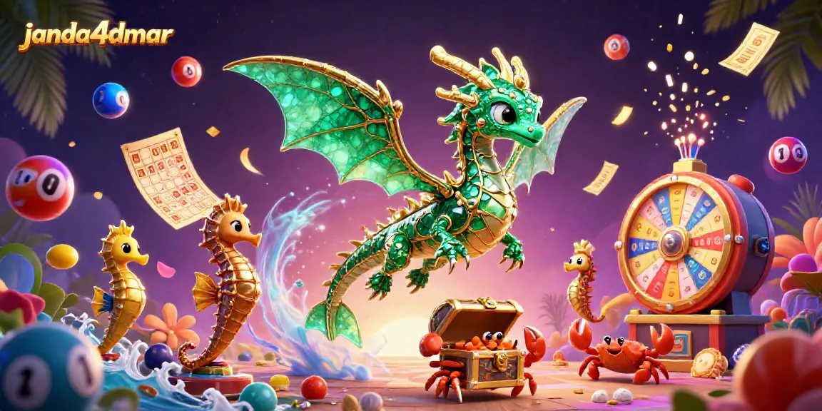 Menangkan jackpot dengan janda4dmar; ilustrasi 3D dari naga laut dan elemen perjudian yang menarik.