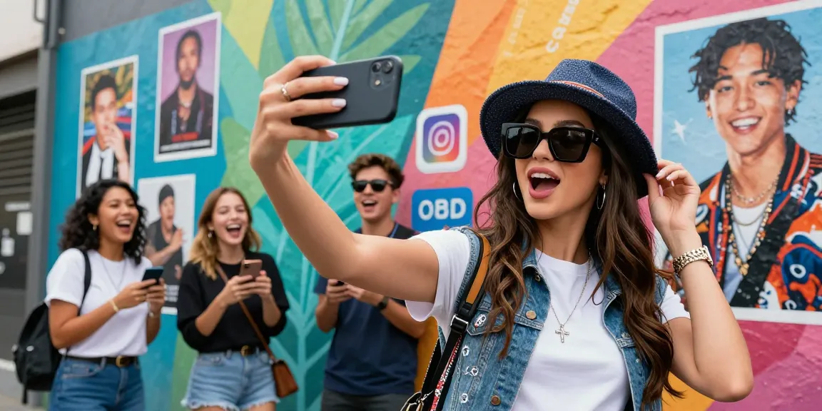 Young woman taking a selfie showing looks like a celebrity against a colorful mural