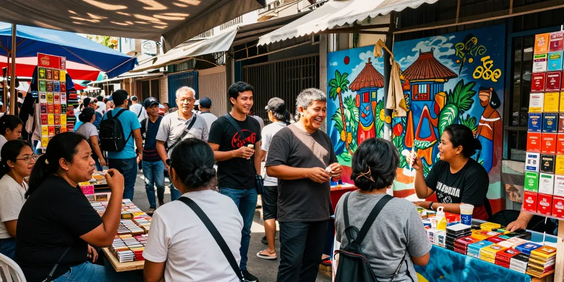 Community market scene featuring rokok88 products, lively interactions and vibrant atmosphere.