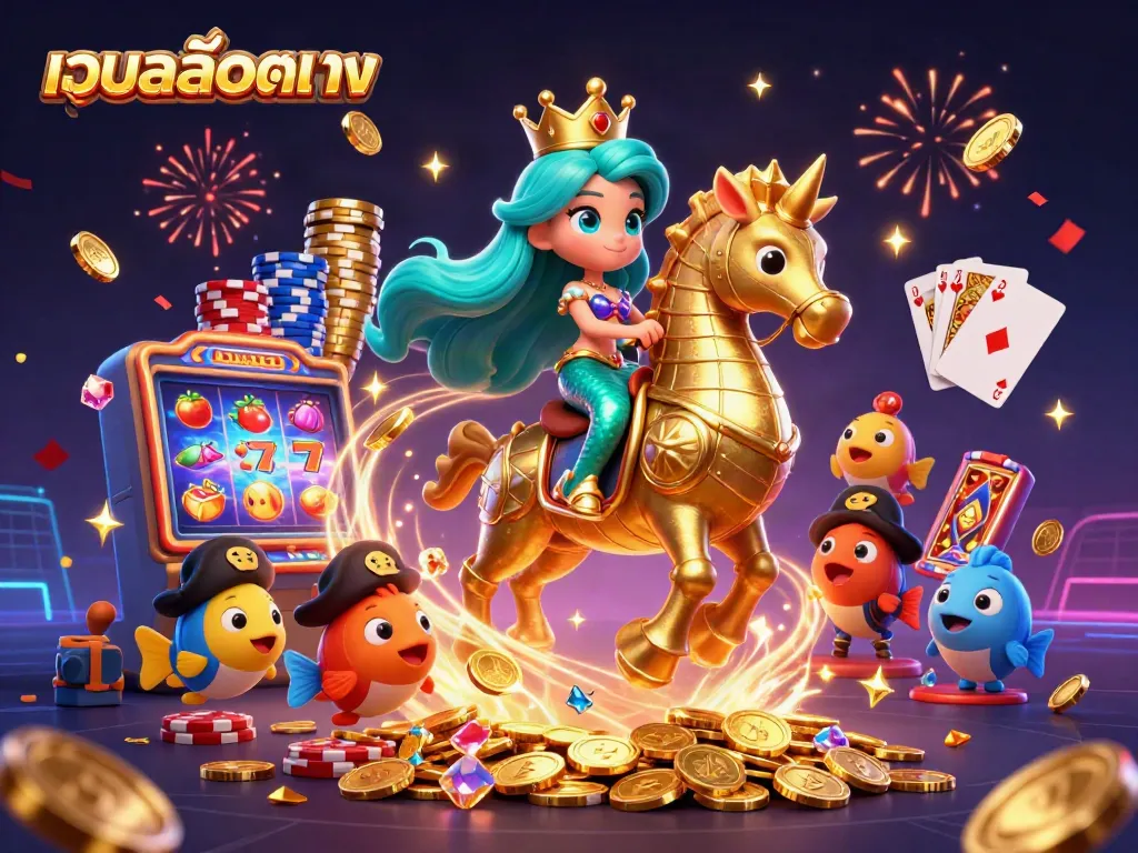 ภาพศิลป์ 3 มิติที่แสดงถึงเว็บสล็อตตรงระหว่างการเฉลิมฉลองที่มีเกมสล็อตและซานต้าเป็นตัวละครหลัก