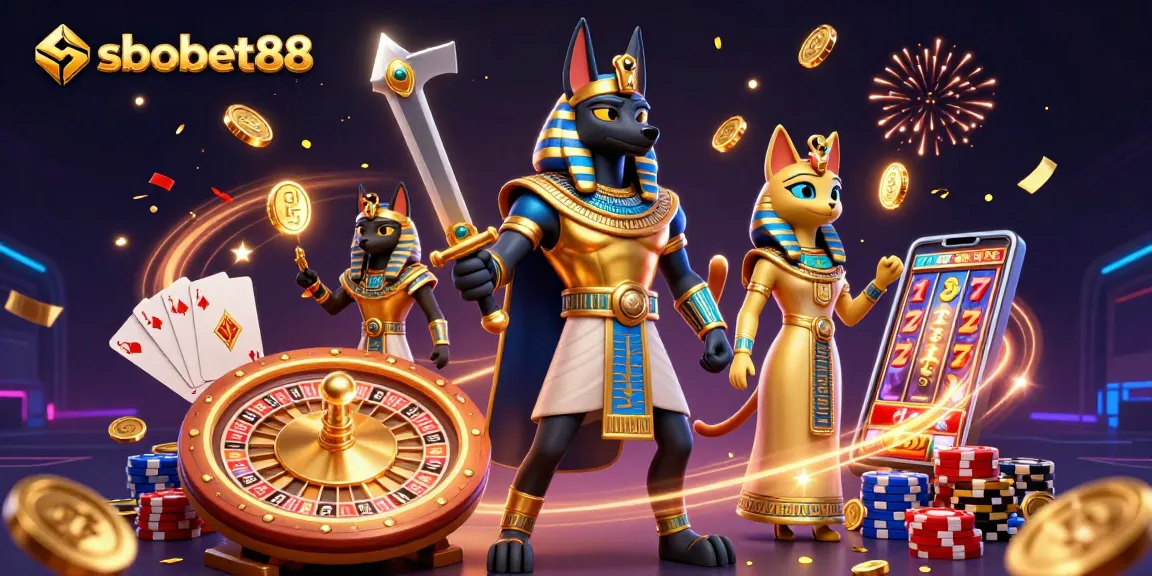 Experience thrilling moments with sbobet88 in a vibrant 3D casino setting featuring Anubis, Bastet, and dynamic game elements.