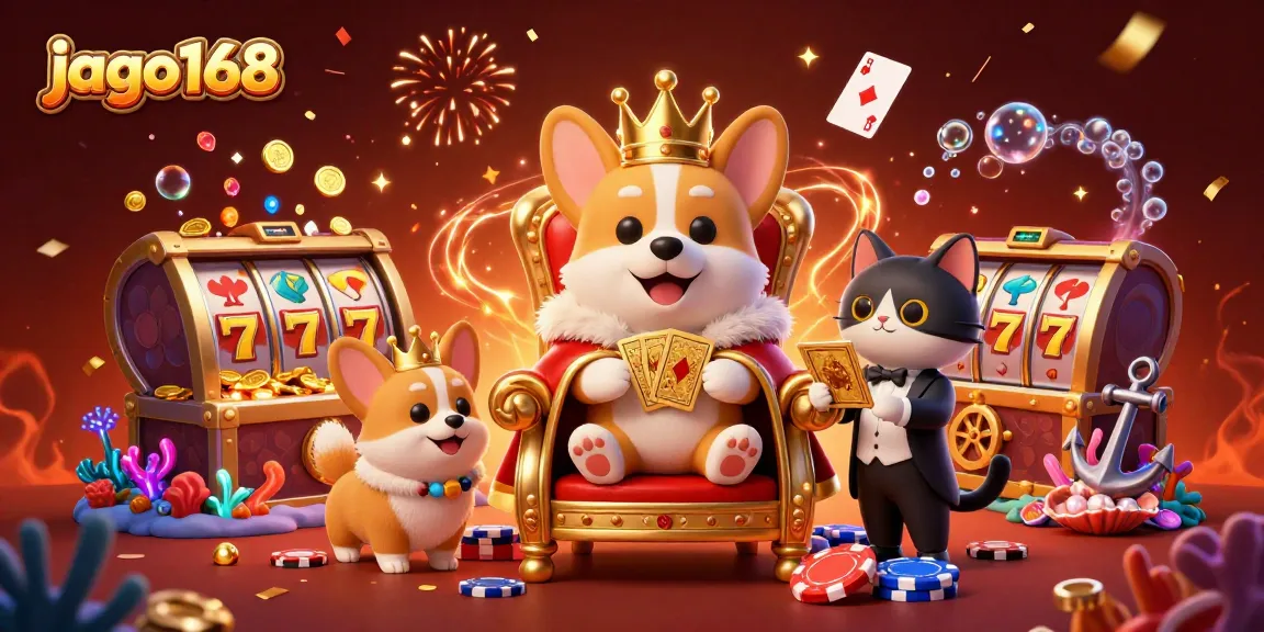 Experience excitement at jago168 with a regal corgi, surrounded by dynamic gambling elements.