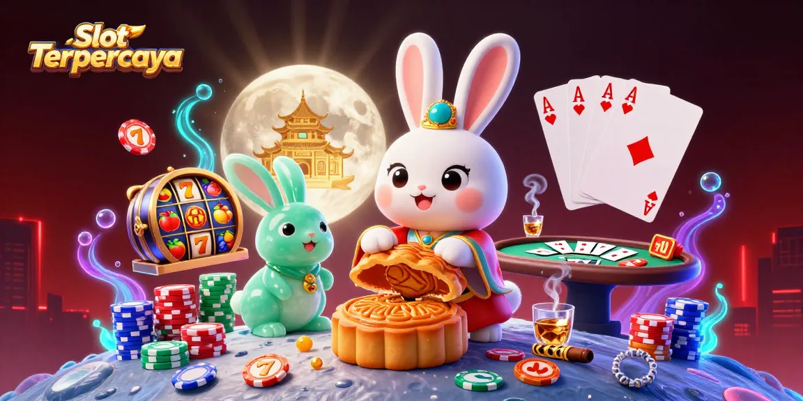 Engage with Slot Terpercaya through a vibrant 3D illustration of a lucky moon rabbit revealing poker chips, capturing the excitement of your next jackpot.