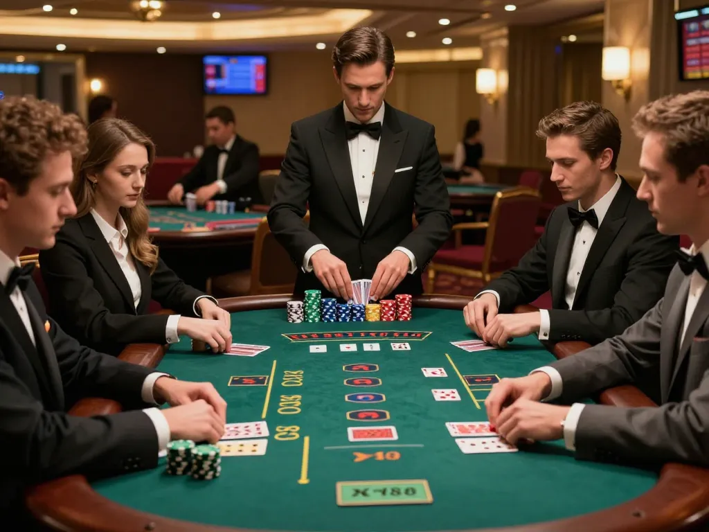 Experience thrilling blackjack at XN88, with players intensely focused and the dealer in action.