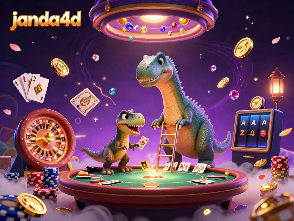 Janda4D menampilkan brontosaurus 3D dan dealer kartu di kasino, menciptakan pengalaman bermain yang menarik.