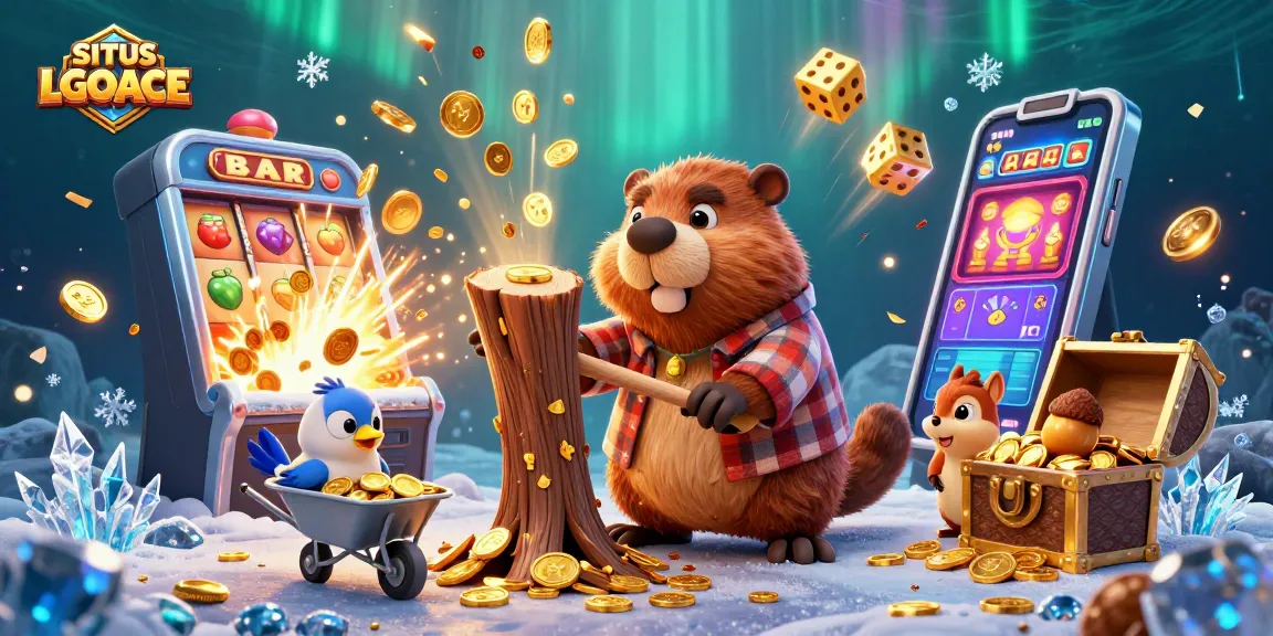 SITUS LGOACE showcases an exciting world of gambling with gold coins raining down in this lively 3D casino illustration.
