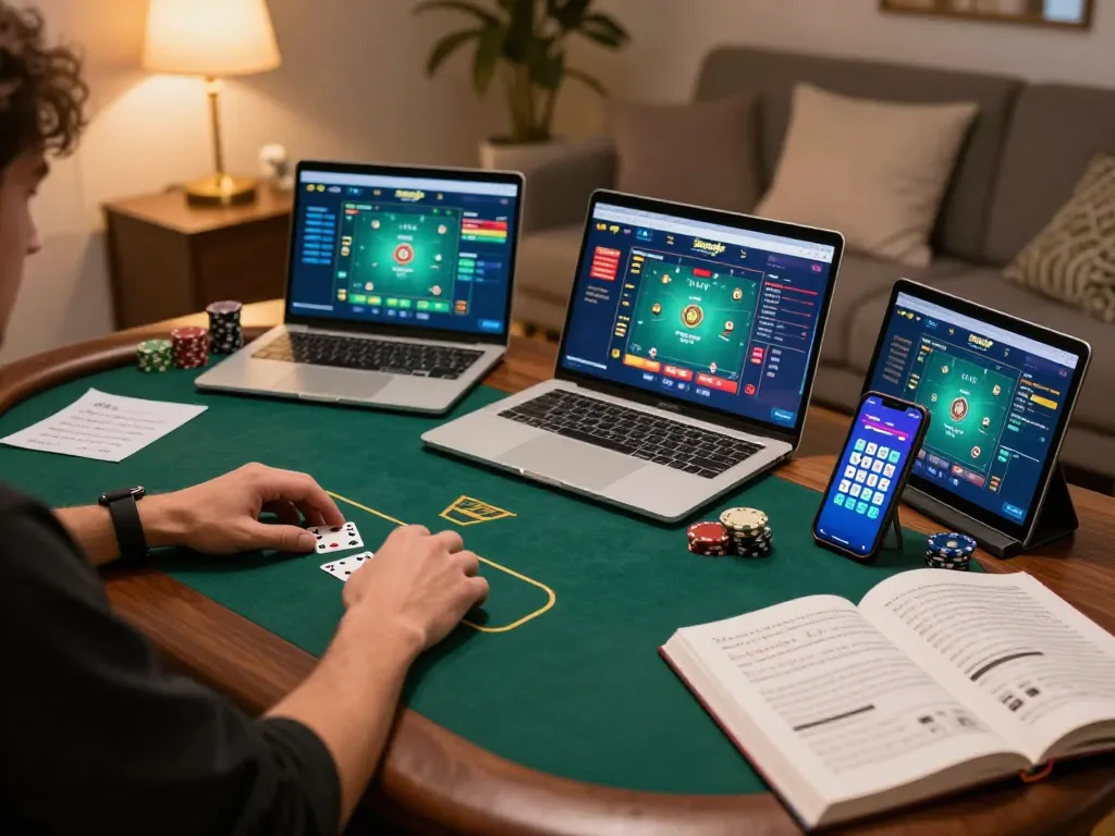 Player engaging with superjp poker app on devices in a cozy home setting with strategy notes.