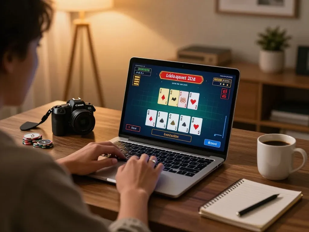 Experience vipwin blackjack gameplay on a cozy home setup with strategic notes and ambient lighting.