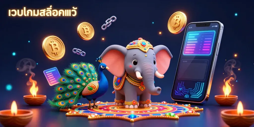 Experience the excitement of winning at เว็บเกมสล็อตแท้ with vibrant 3D casino elements featuring Bitcoin and Ethereum coins and traditional decorations.