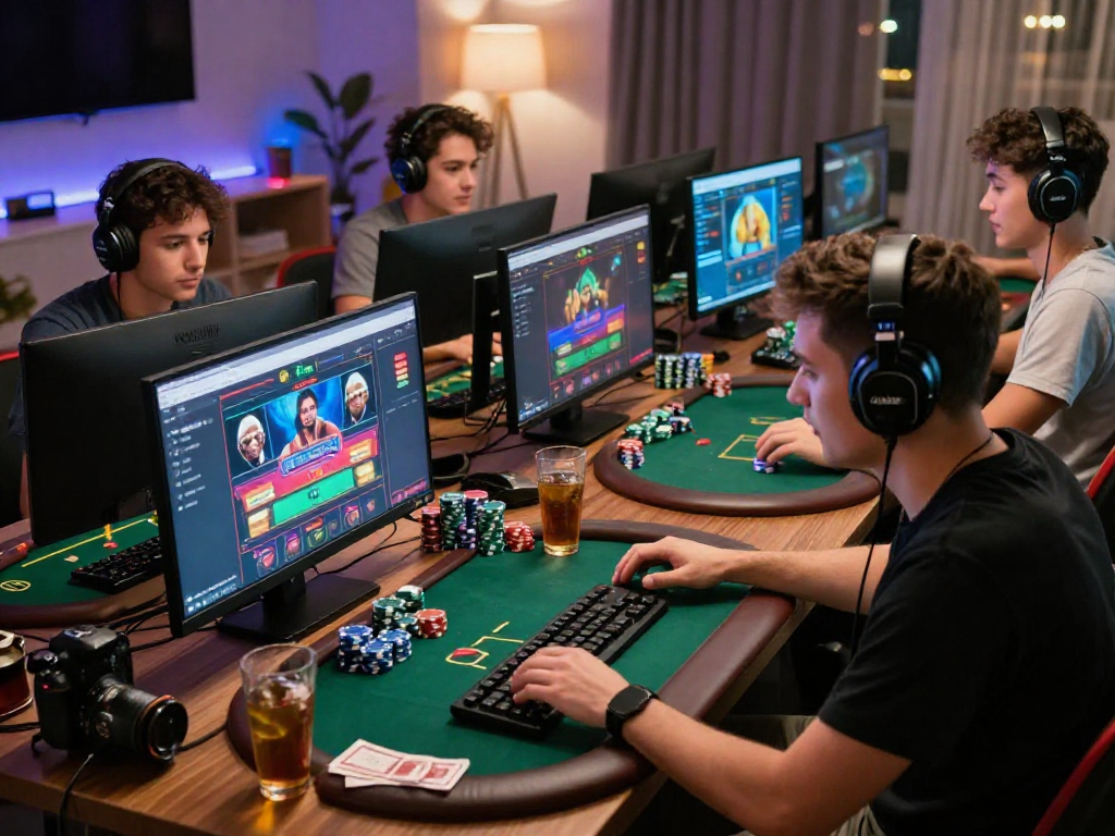Exciting online gambling scene with players focused on their rokok88 link login at home, engaging in thrilling poker games.