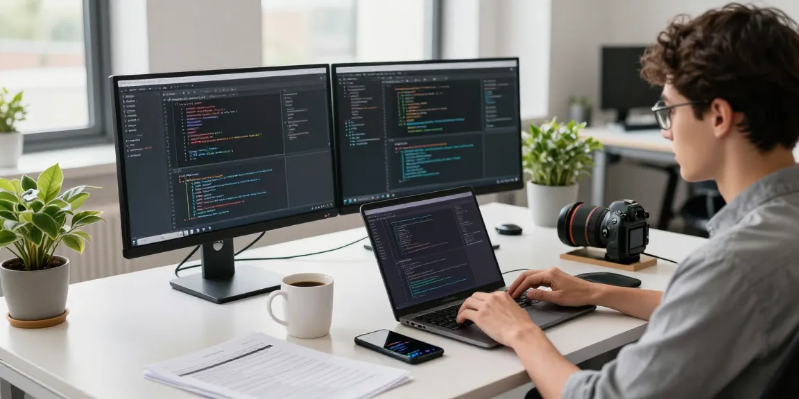 Engaging modern office scene featuring a developer immersed in coding on dual monitors, highlighting the 纸飞机中文版官网 experience.