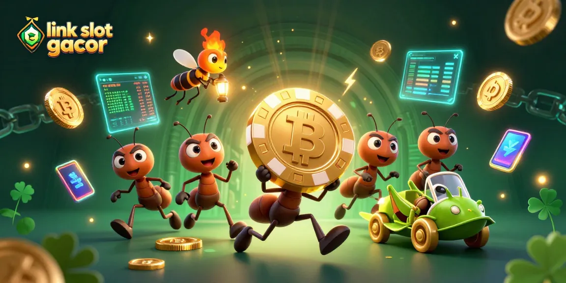 Experiencing winning with link slot gacor as ants heist with golden poker chip in a dynamic scene.