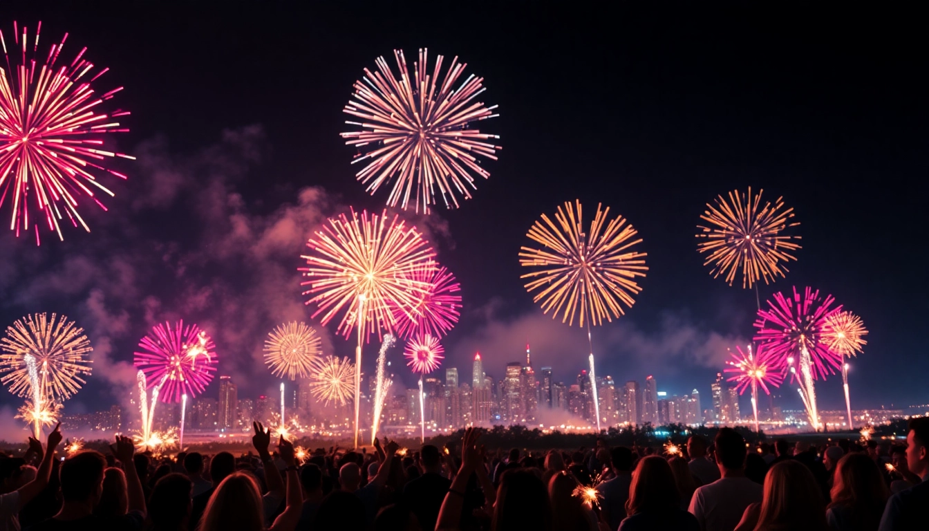 Bright fireworks uk illuminating the night sky at a festive event.