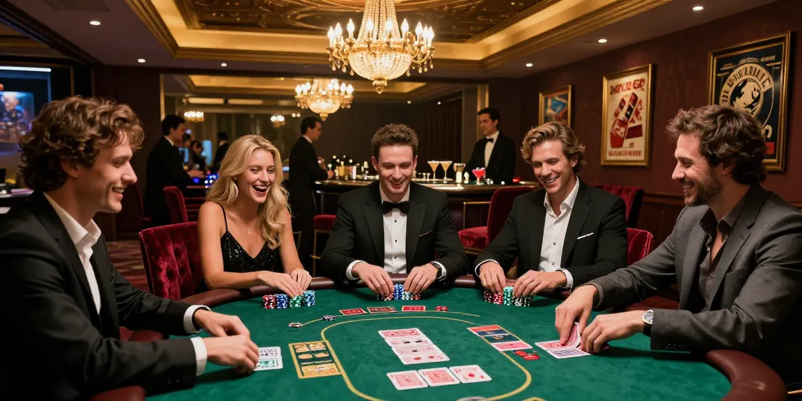 Exciting gambling scene at a casino table featuring rokok88 enthusiasts celebrating a poker game.
